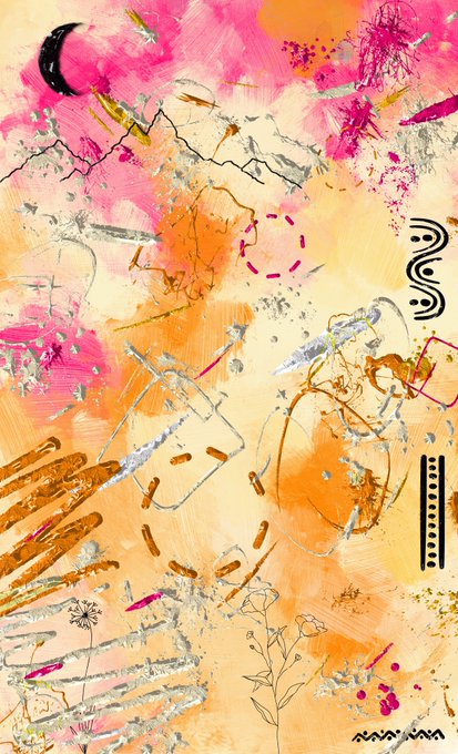 The image features a painting with an abstract design that includes various shapes and colors such as pink, orange, black, white, and gray. The artwork has been done using spray paint, giving it a vibrant and dynamic appearance. The background of the painting is a mix of yellow and brown hues, which adds to its visual appeal. The image also contains text elements, including the words "Zafri" and "10/10", possibly indicating the artist's name or an event related to the artwork.