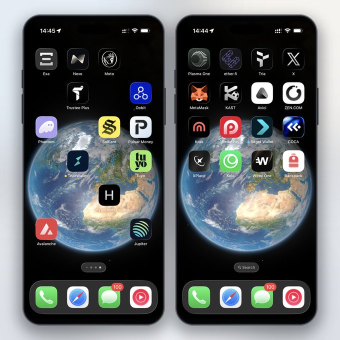 The image displays two iPhones showcasing various crypto app icons, including Etherfi, KAST, Plasma One, Tria, XPlace, Jupiter, Oobit, Avici, and Kolo, supporting the post's mention of crypto cards and issuers.