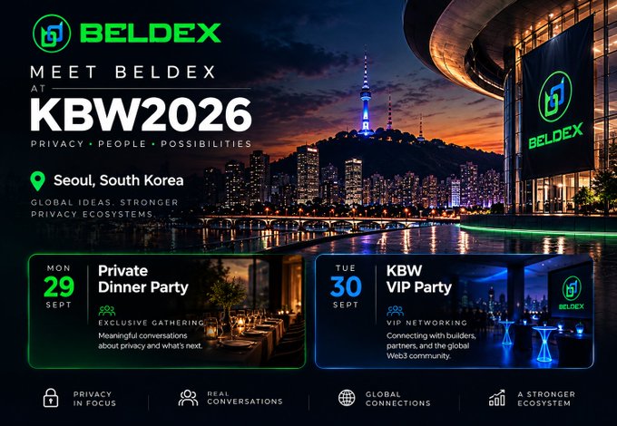 A promotional graphic for BELDEX at KBW2026 in Seoul, South Korea, featuring the Seoul skyline at night and details for a Private Dinner Party on Mon 29 Sept and a KBW VIP Party on Tue 30 Sept.