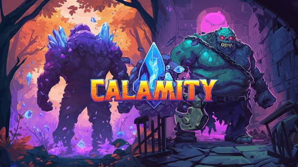 Promotional artwork for 'CALAMITY' featuring two fantasy monsters, a purple crystal-covered creature and a green orc-like warrior, with a small character between them.