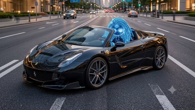 A black Ferrari convertible driven by a figure with a glowing blue neon energy face, speeding down a multi-lane city street with other vehicles and green traffic lights visible.