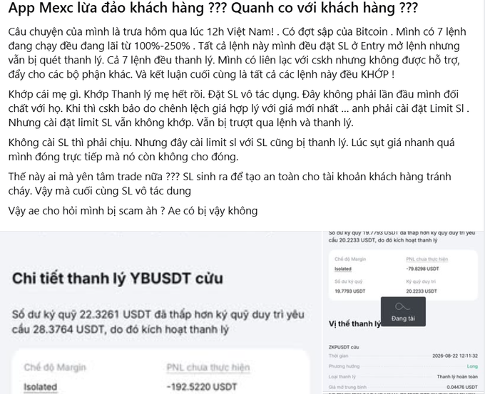 A Vietnamese Facebook post titled 'App Mexc lừa đảo khách hàng ???' complaining about cryptocurrency trading losses on Mexc exchange, accompanied by screenshots of liquidation details for a position on YBUSDT pair.