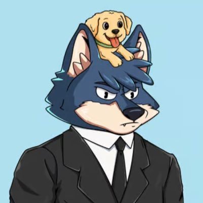 A cartoon character with a blue wolf-like head wearing a black suit has a small, happy golden puppy sitting on top of its head.