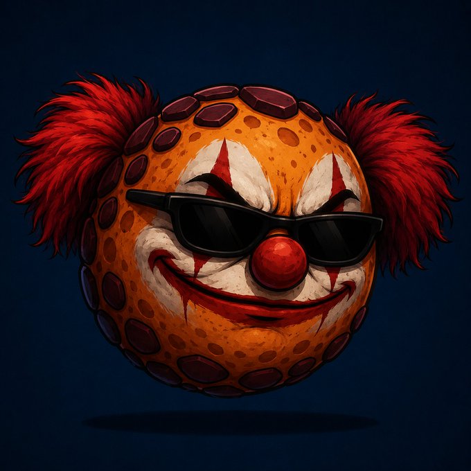 A digital illustration depicts a creepy clown ball with orange textured skin, red tufts of hair, a red nose, and sinister eyes peering over black sunglasses.