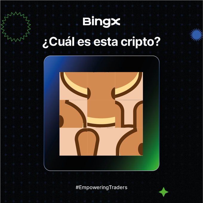 BingX social media graphic in Spanish asking '¿Cuál es esta cripto?' showing a fragmented puzzle image with the hashtag #EmpoweringTraders.