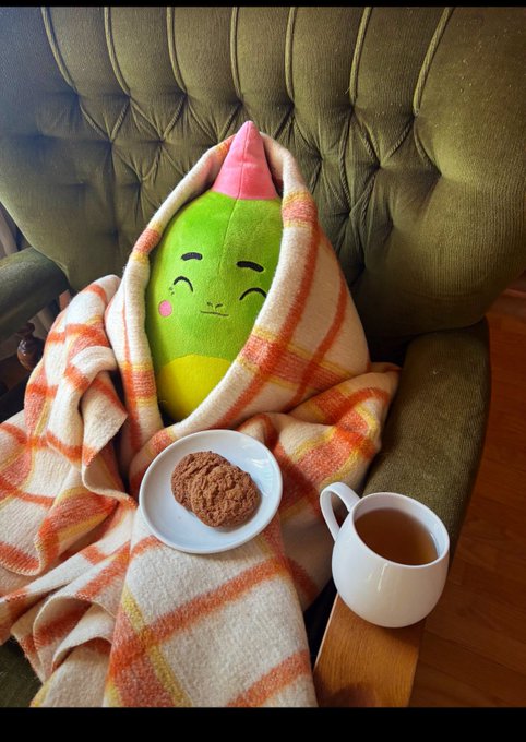 A cute green dinosaur plush (DinoGotchi) with a pink party hat smiles cozily wrapped in a striped orange and cream blanket on a green tufted chair, accompanied by a cookie on a white plate and a mug of tea—perfectly capturing the comforting morning routine mentioned in the post about how @sleepagotchi gives the day something to look forward to.