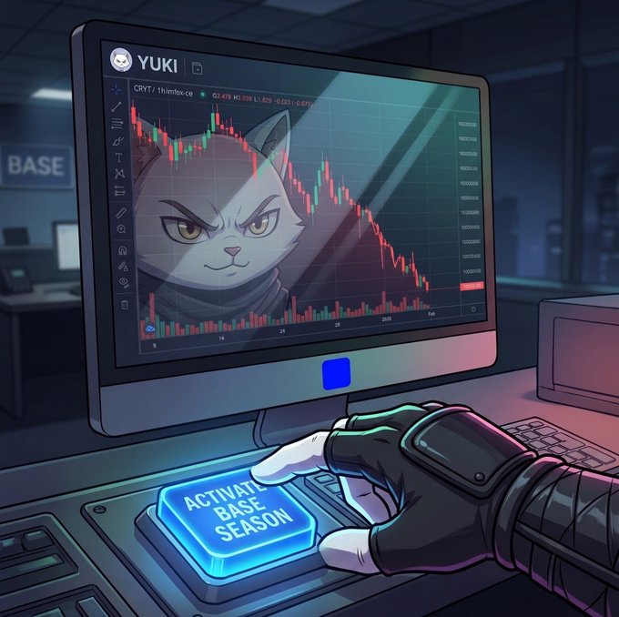 A digital illustration of a gloved hand pressing an "ACTIVATE BASE SEASON" button on a futuristic console, with a monitor displaying "YUKI" showing a candlestick chart (CRY/T) overlaid with a cat character in a hood.