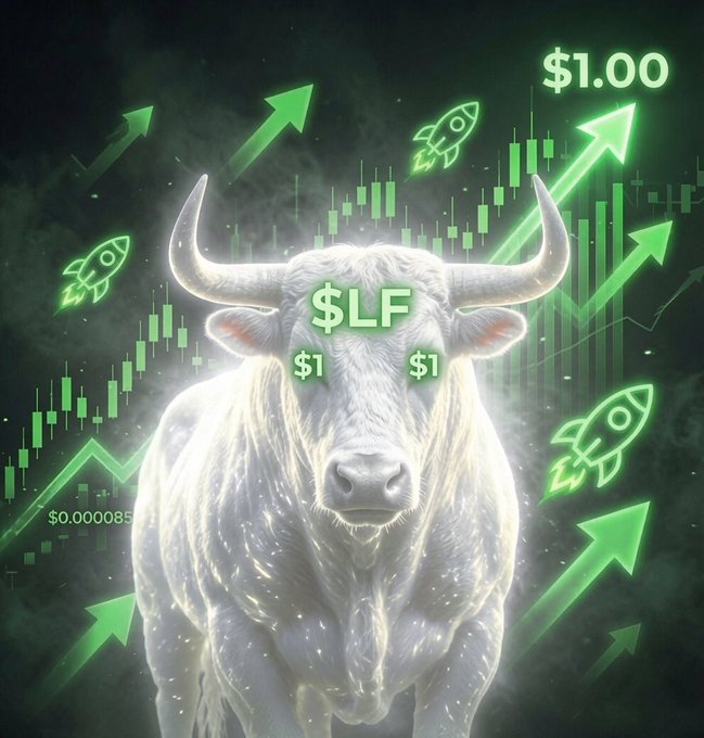 A promotional graphic featuring a white bull with glowing green eyes, the ticker '$LF', surrounded by green upward arrows, rockets, and a rising stock chart.