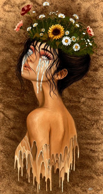 A surreal digital illustration of a woman with a sunflower and daisy flower crown, crying white tears, with her body melting into drips against a brown textured background.