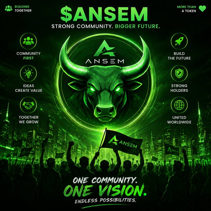 A vibrant green promotional graphic for '$ANSEM' cryptocurrency featuring a glowing bull logo, crowds of supporters, and slogans like 'STRONG COMMUNITY. BIGGER FUTURE.' and 'ONE COMMUNITY. ONE VISION.'