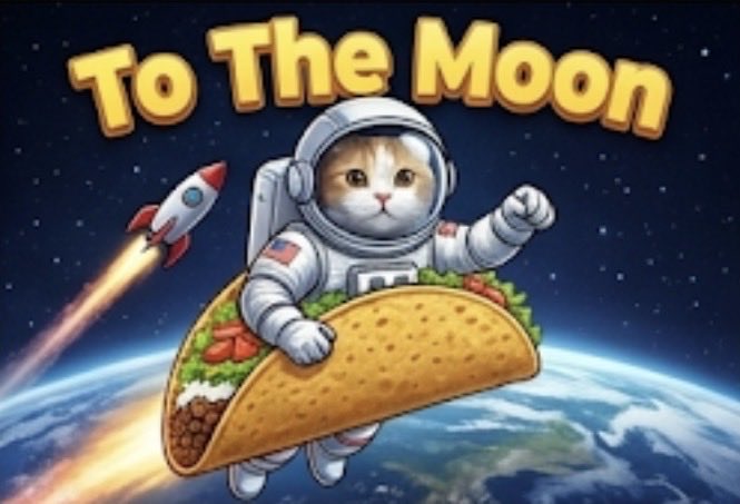 The image features a cartoon cat wearing an astronaut suit, holding a large taco with lettuce, cheese, and other toppings. The cat appears to be floating in space while riding atop a rocket ship. The caption of the image reads "To the Moon" above the cat and the rocket ship, suggesting that the cat is on a mission to the moon.