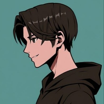 A 2D anime-style illustration of a young man with brown hair wearing a black hoodie, shown in profile with a slight smile against a teal background.