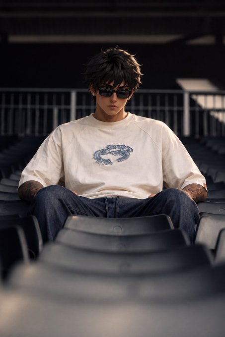An animated-style illustration of a young man with messy dark hair and sunglasses sitting alone in stadium seats, wearing a white sweatshirt with a blue logo.