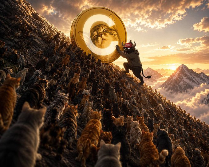 A massive crowd of cats ascends a rocky mountain toward a giant golden coin emblazoned with "CATE," while a horned figure pushes the coin forward against a dramatic sunset sky—visualizing the post's message of unshaken conviction and bullish technical consolidation of the $CATE token despite market turbulence.