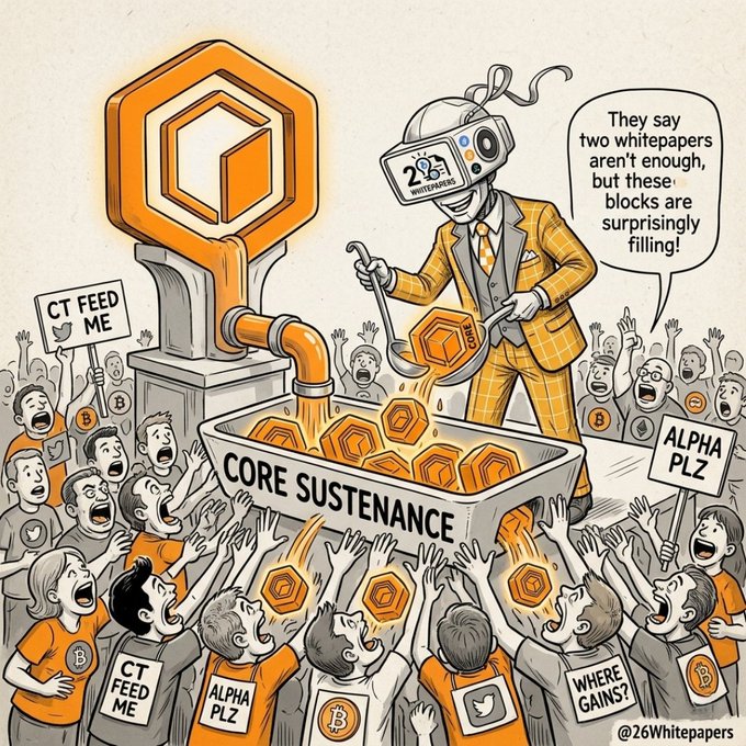 The image features a cartoon illustration depicting a man dressed in a suit standing next to a large bucket filled with golden cubes. The crowd of people surrounding him are holding up signs that say "Core sustenance" and "Alpha gain". This scene is part of an article about Bitcoin, which suggests the focus on Core sustenance as a key aspect for Bitcoin enthusiasts.