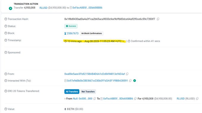 A blockchain transaction record showing a successful transfer of 4,950,008 RLUSD ($4,950,008) to address 0xFbcAB85f...0Db600BB6, with 66 block confirmations at block 25,867,672 on August 30, 2026. The transaction details—including the token ticker, amount, and timestamp—confirm Ripple's minting of 4.95M new RLUSD tokens on the Ethereum network.