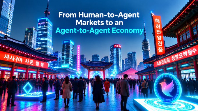 A futuristic cyberpunk-style cityscape image with the text 'From Human-to-Agent Markets to an Agent-to-Agent Economy' overlaid, showing a bustling scene with people, neon-lit traditional Korean architecture, and digital cryptocurrency symbols like Ethereum and other tokens glowing in the environment.