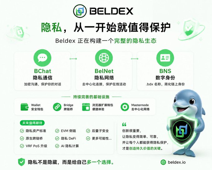 A promotional graphic for BELDEX titled "隐私，从一开始就更值得保护" (Privacy, worth protecting from the start), showcasing its privacy ecosystem components: BChat (隐私通信), BelNet (隐私网络), and BNS (数字身份), along with infrastructure tools like Wallet, Bridge, and Masternode, featuring a cartoon beluga whale mascot.