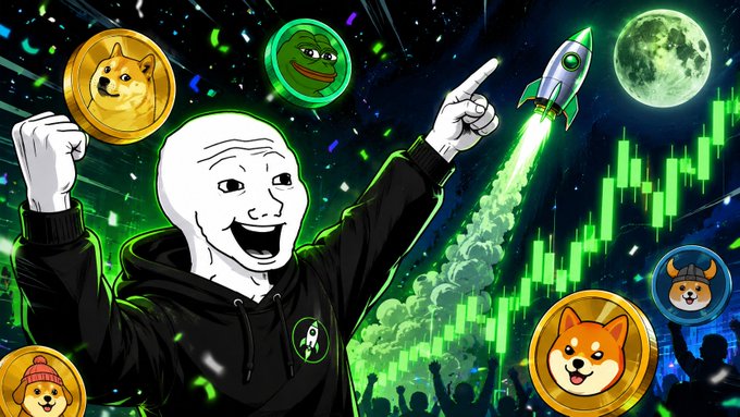 A meme-style image featuring a figure in a black hoodie with a smiling face, pointing upward toward a rocket, surrounded by green candlestick charts, a full moon, and meme coins featuring Doge and Pepe the Frog.