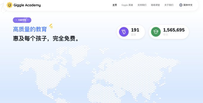 A screenshot of the 'Giggle Academy' website homepage with Chinese text '高质量的教育' (High-quality education), showing stats '191 国家' (countries) and '1,565,695 学生' (students) over a world map background.
