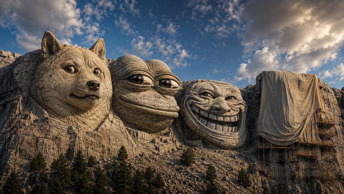 A mountain carved to resemble four giant internet meme faces (Doge, Pepe, Trollface, and a draped figure) under a partly cloudy blue sky.