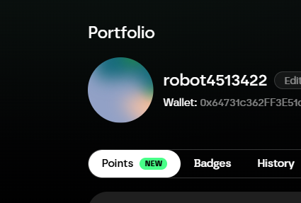 The image shows a portfolio page displaying a user profile "robot4513422" with a wallet address starting with "0x64731c362FF3E51d" on a dark background, featuring "Points" (marked NEW), "Badges," and "History" tabs. This relates to Axis Robotics' new points system announcement on Base, where users can earn points toward a future airdrop by trading through their platform.