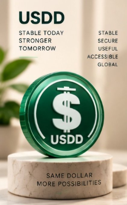 A promotional graphic for USDD cryptocurrency featuring a green coin with a dollar sign on a marble pedestal, with text reading 'USDD - STABLE TODAY STRONGER TOMORROW', 'STABLE SECURE USEFUL ACCESSIBLE GLOBAL', and 'SAME DOLLAR MORE POSSIBILITIES'.