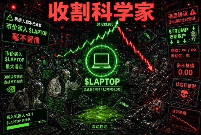 A cyberpunk-style promotional graphic with Chinese text featuring a '$LAPTOP' token, showing a central laptop icon, price chart ($1,633,880), and panels referencing NVIDIA, STRUMP, and AI bots harvesting 'scientists'.