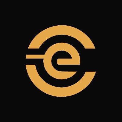 A minimalist logo featuring a stylized lowercase 'e' in golden-orange color, designed with circular and horizontal line elements on a black background.