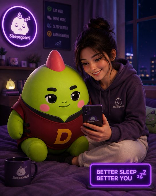 A promotional image featuring a young woman in a purple 'Sleepagotchi' hoodie sitting on a bed next to a large green plush mascot with a red horn, alongside a neon sign reading 'Sleepagotchi' and a banner stating 'BETTER SLEEP BETTER YOU zZ'.
