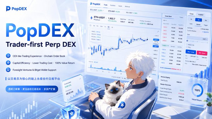Promotional banner for 'PopDEX' describing it as a 'Trader-first Perp DEX' with an anime character holding a cat.
