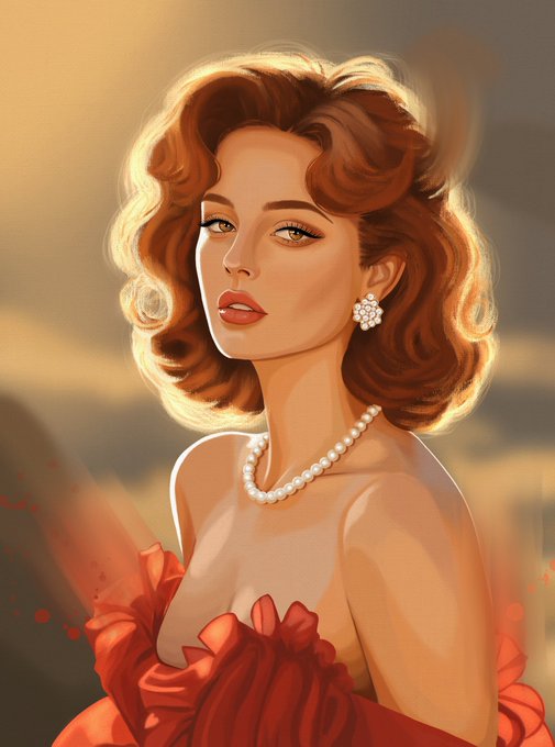 A stylized digital illustration of a glamorous woman with auburn hair, green eyes, and a pearl necklace, wearing a red dress with floral details.