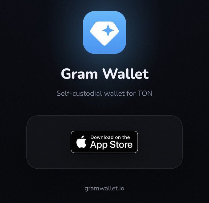 Promotional screenshot for "Gram Wallet," advertised as a "Self-custodial wallet for TON," featuring an App Store download button and the URL gramwallet.io—likely shared to draw a side-by-side comparison with @mywallet_io's similar-looking UI.