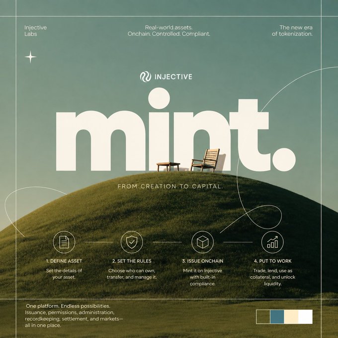 A minimalist advertisement for Injective Labs' 'mint.' platform, featuring a grassy hill with a chair and a 4-step process: Define Asset, Set the Rules, Issue Onchain, Put to Work.
