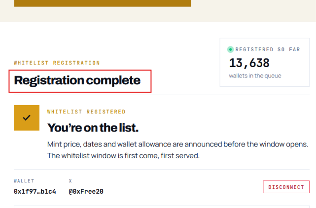 A confirmation screen showing "Registration complete" for the @akadotfun (aka FUN) whitelist, with the user successfully registered on the list (13,638 wallets in the queue) using wallet 0x1f97...b1c4 and X handle @0xFree20.