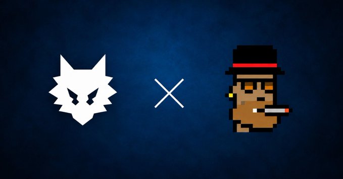 Pixel art graphic on a dark blue background showing a white wolf head logo on the left, a white 'X' in the center, and a pixelated character with a black top hat and cigarette on the right.