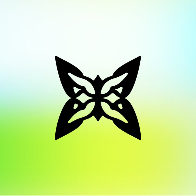 A black butterfly-shaped logo centered on a soft gradient background transitioning from light blue at the top to green at the bottom.