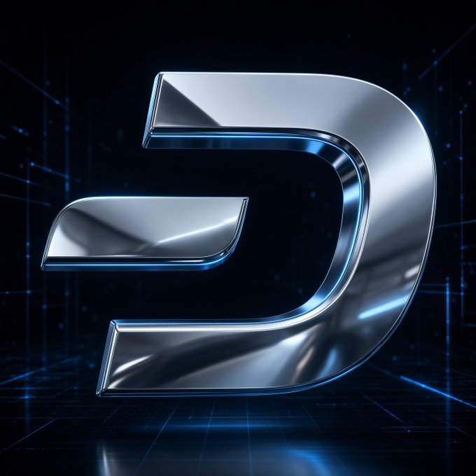 A 3D metallic letter 'D' rendered in shiny silver and blue against a dark grid-patterned background.