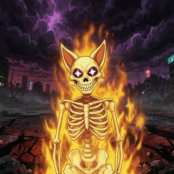 A stylized illustration of a skeletal dog or fox with glowing purple star-shaped eyes, engulfed in flames in a ruined, apocalyptic cityscape.