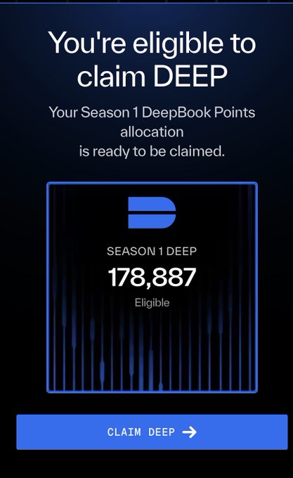 The image shows an email screen that displays information about DeepBook Points and their allocation. The text indicates that the user has claimed DeepBook Points worth 440 dollars. The email also mentions a link for further details, but the specific content of the link is not provided.