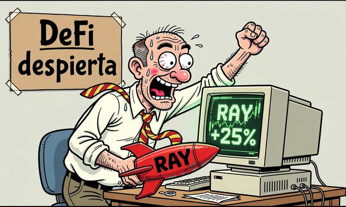 A cartoon illustration of a panicked man at a computer screen displaying 'RAY +25%', holding a rocket labeled 'RAY', with a taped sign reading 'DeFi despierta'.