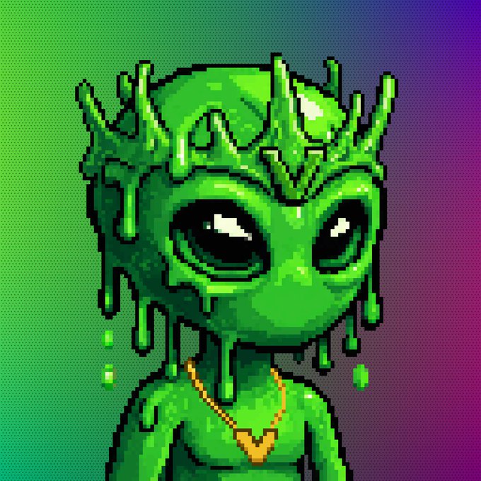 The image features a green alien character with googly eyes, wearing a necklace of gold and having a crown made out of goo. The background is a gradient of purple and green colors. The caption below the image reads "Slimoid has my heart... @voids_eth #NewProfilePic".