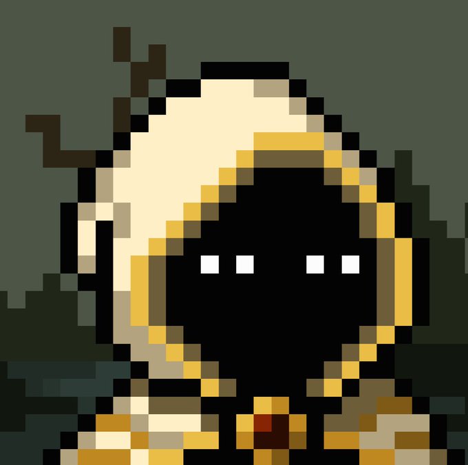 A pixel art character resembling a hooded figure with a dark, featureless face and four glowing white eyes.