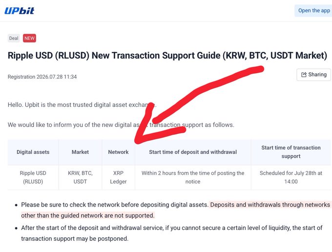 Upbit announces new Ripple USD (RLUSD) transaction support, available for trading against KRW, BTC, and USDT on the XRP Ledger, with transaction support scheduled to begin July 28th at 14:00—highlighting the growing integration of XRP-related assets on Korea's largest exchange, which holds over 6.4 billion XRP.