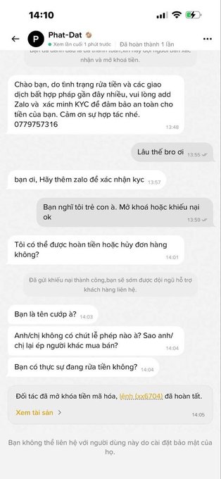 A Vietnamese-language chat conversation with contact 'Phát-Đạt' discussing a partnership, KYC verification, and a refund transaction, with a transaction ID 'Vietin: LxqfeT0SA' and timestamp 14:10 visible.