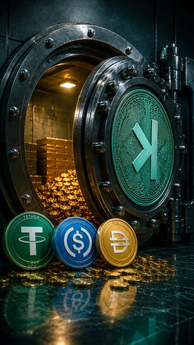 A vault filled with gold coins surrounded by stablecoin tokens (Tether T, USDC, DAI) and a large XRP coin, depicting crypto wealth storage.
