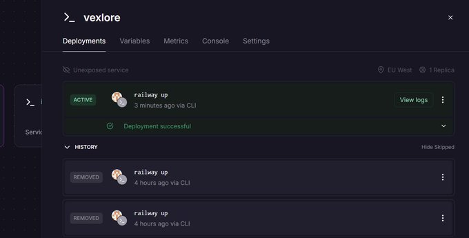 A dashboard interface for 'vexlore' displays the Deployments tab, showing an 'ACTIVE' service named 'railway up' marked as 'Deployment successful', along with a history of two 'REMOVED' deployments.