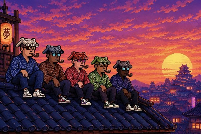 A pixel art scene shows five "Giwa Punks" characters wearing VR headsets and patterned jackets, sitting on a tiled rooftop at sunset with a Japanese castle and town in the background, while a red lantern displays "夢" (dream). The image humorously depicts the GIWA community patiently monitoring the horizon, watching for the launch of GIWA Mainnet just like the punks gaze out toward the castle at dusk.