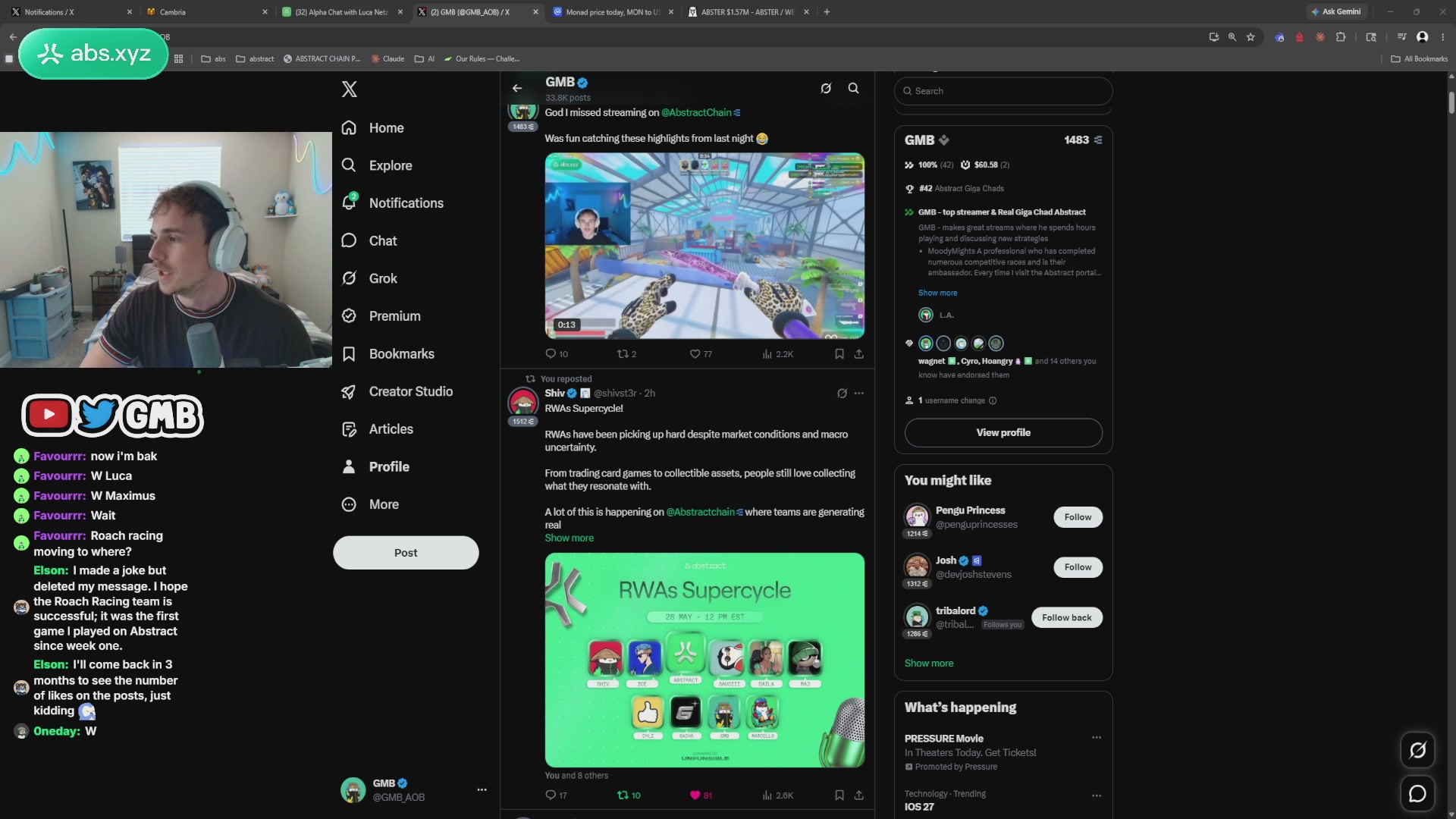 The image shows a computer screen displaying a social media platform with a chat window open, featuring a person's profile picture of a man wearing headphones. The background reveals that this person has been partaking in a video call or webinar, as indicated by the presence of a green "watch party" button and a white "join" button on the chat window. The post also mentions an interview with Luca Netz, which could be related to the content displayed on the screen.