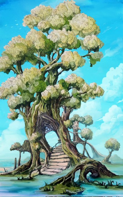 The image features a tree with a large trunk, surrounded by smaller trees that appear to be part of an underwater scene. The tree has a unique shape resembling a staircase or a bridge leading up to another area. A small boat can also be seen in the water below the tree. The sky above is blue and filled with clouds, creating a serene atmosphere for this artistic representation.